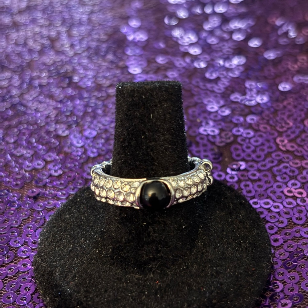paparazzi Silver-Tone Crystal Band Ring with Black Onyx Accent